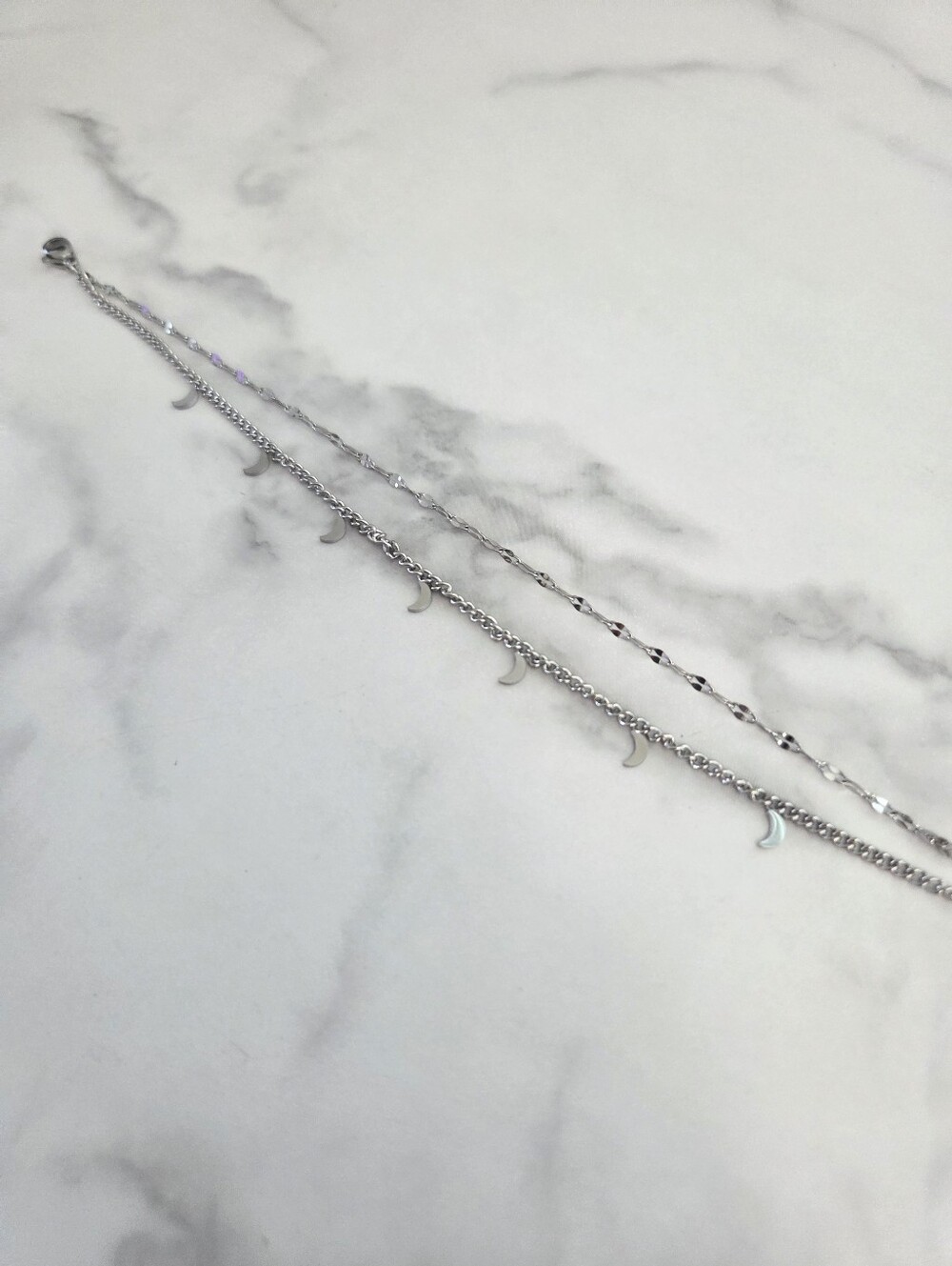 Silver Double Layer Crescent Moon Charm Anklet - Picture 10 of 12
